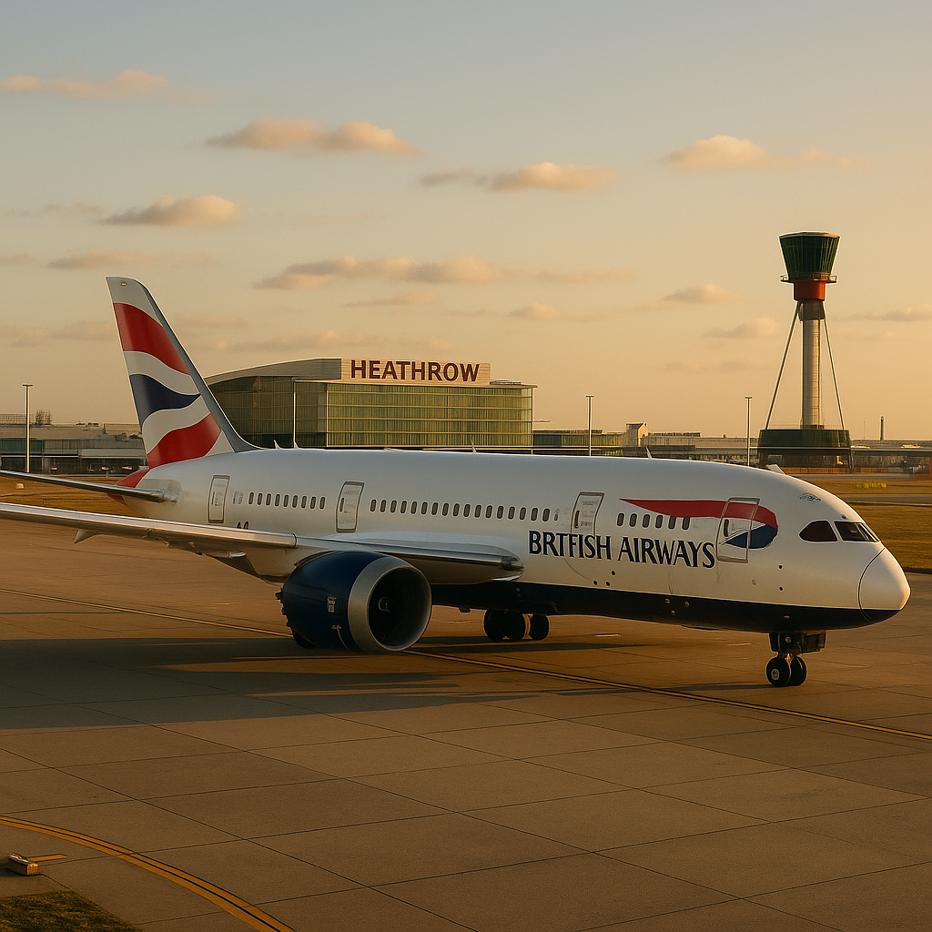  A British Airways Boeing 787 aircraft parked at Heathrow Airport under soft evening light, symbolizing Natasha’s arrival in London after a long journey from Tokyo.
