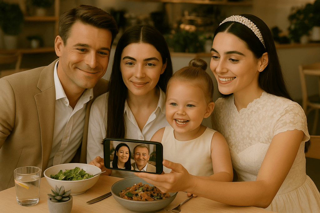 A warm photoreal scene of Natacha, Natalie, Matthew, and little Catherine having dinner at a cozy health-food restaurant in London while video-calling their parents, Richie and André, who appear smiling on the phone screen from Oxford.
