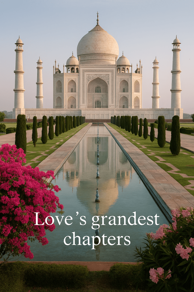 Taj Mahal with blooming gardens, symbolizing eternal love and grand chapters of romance.