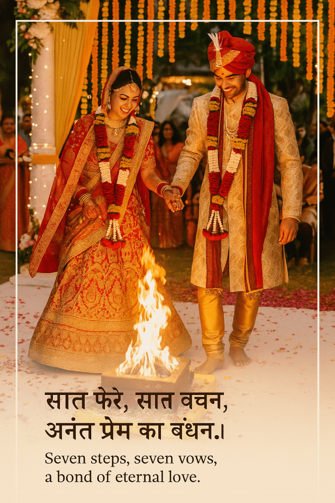 IIndian couple performing Saptapadi sacred vows around the fire, symbolizing eternal love