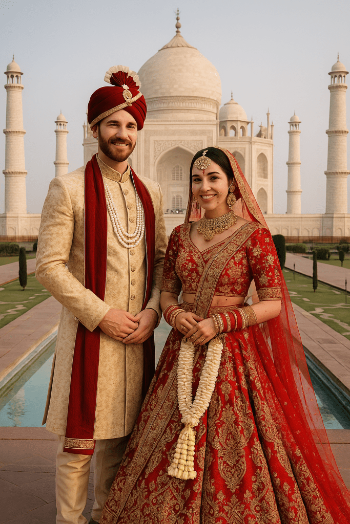 Newlywed Indian couple in ceremonial attire posing near a palace