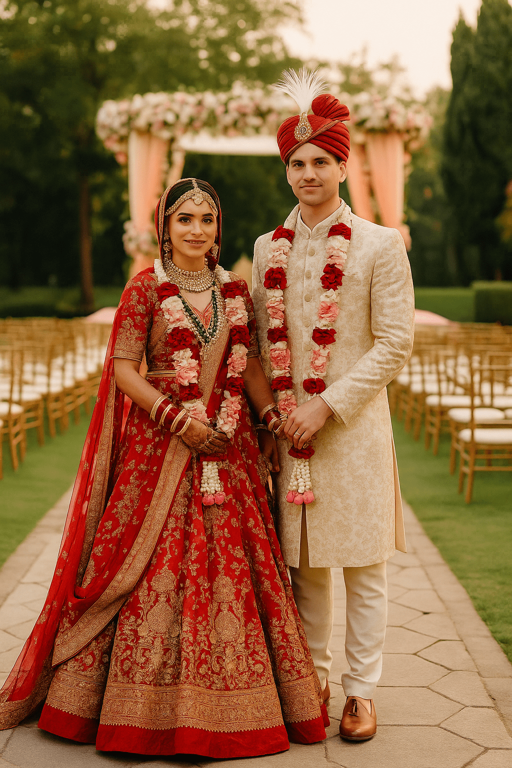 Indian bride and groom in full attire at a decorated mandap during wedding ceremony