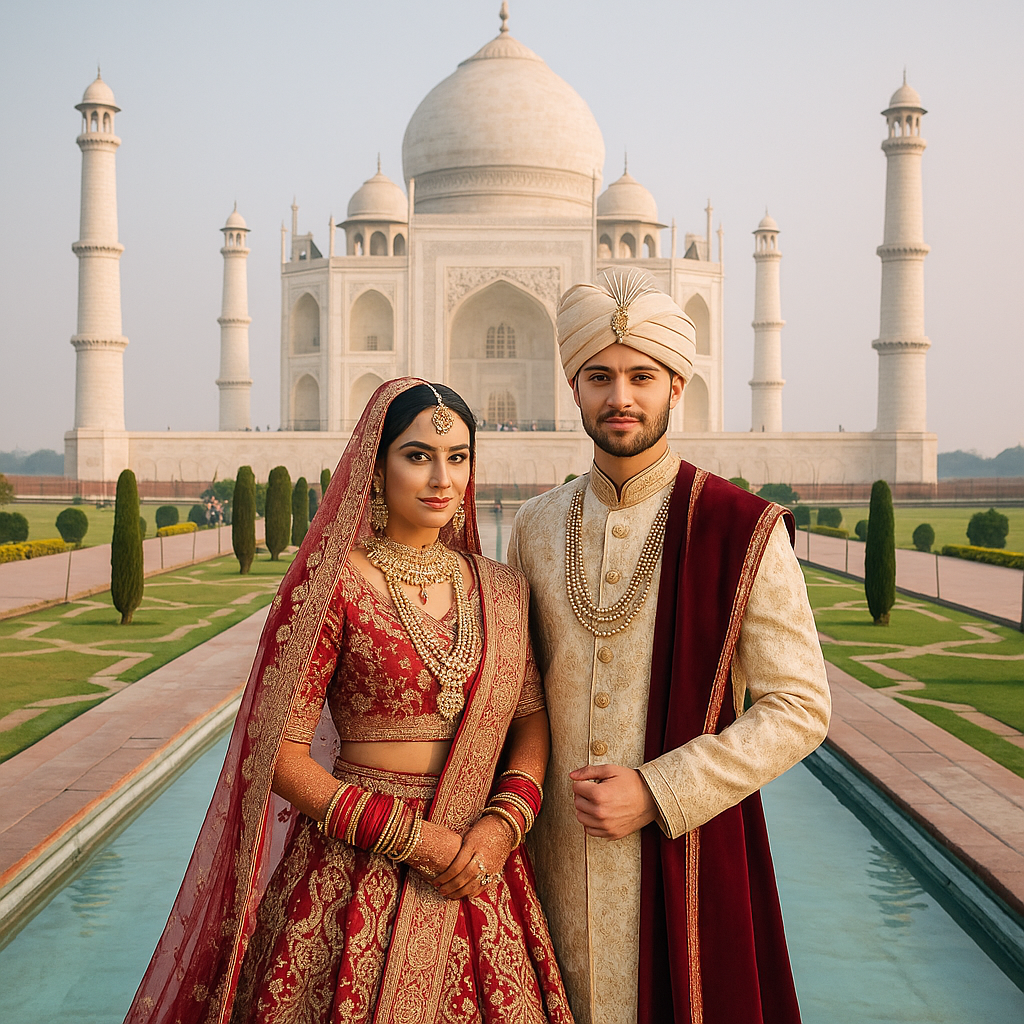 Indian bride and groom in traditional wedding attire standing under a floral mandap