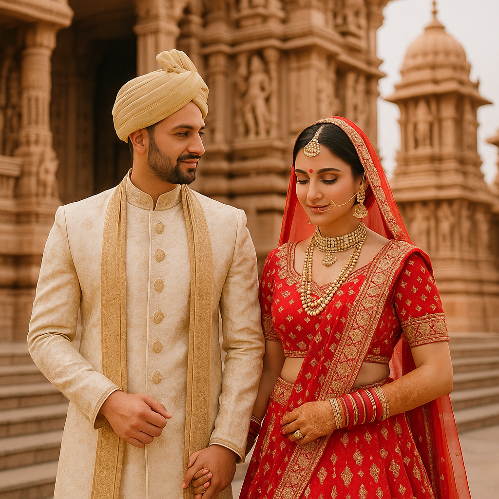 Indian bride and groom in ceremonial attire standing in front of a traditional temple