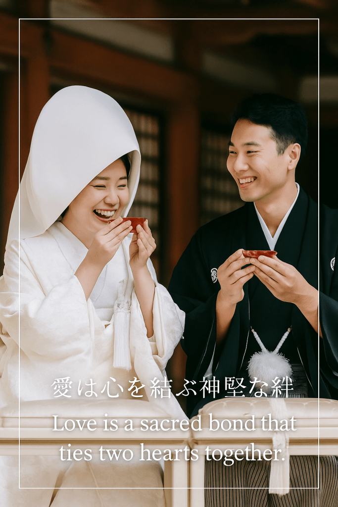 Japanese couple in traditional Shinto wedding ceremony under cherry blossoms