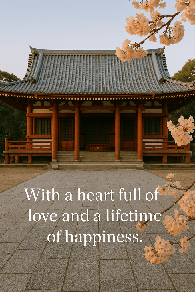 Traditional Japanese shrine with cherry blossoms, a serene place often chosen for Shinto wedding ceremonies