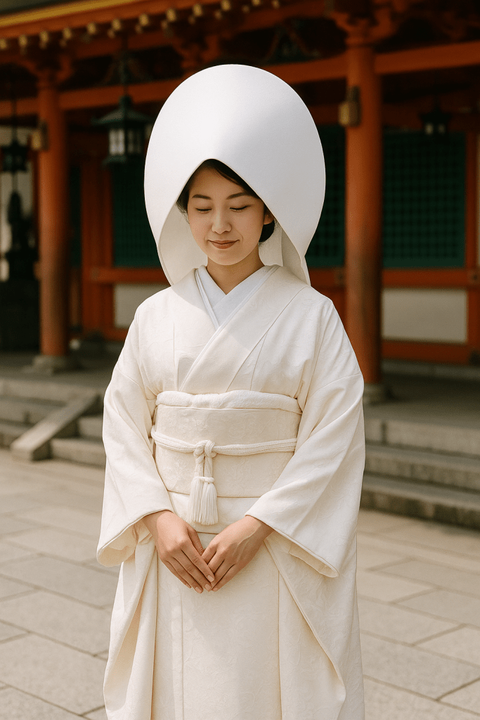 Japanese bride in traditional white Shiromuku kimono, framed by serene temple surroundings