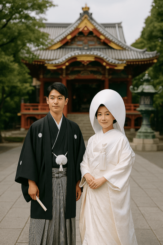 apanese bride in Shiromuku kimono and groom in Montsuki Hakama, standing together in full traditional attire in front of a temple