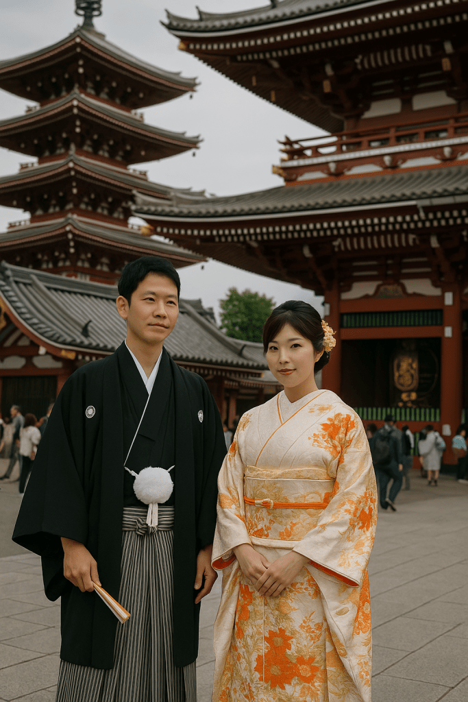 Japanese groom in traditional Montsuki Hakama with Haori jacket, standing at the temple grounds