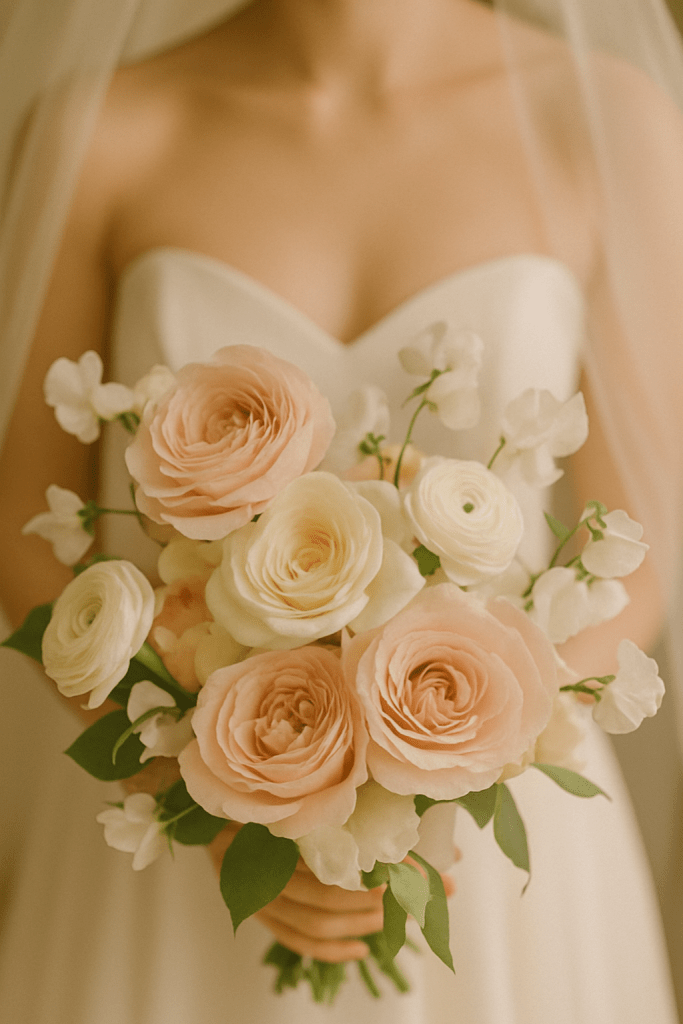 Bouquet of garden roses in dusty-rose and ivory tones