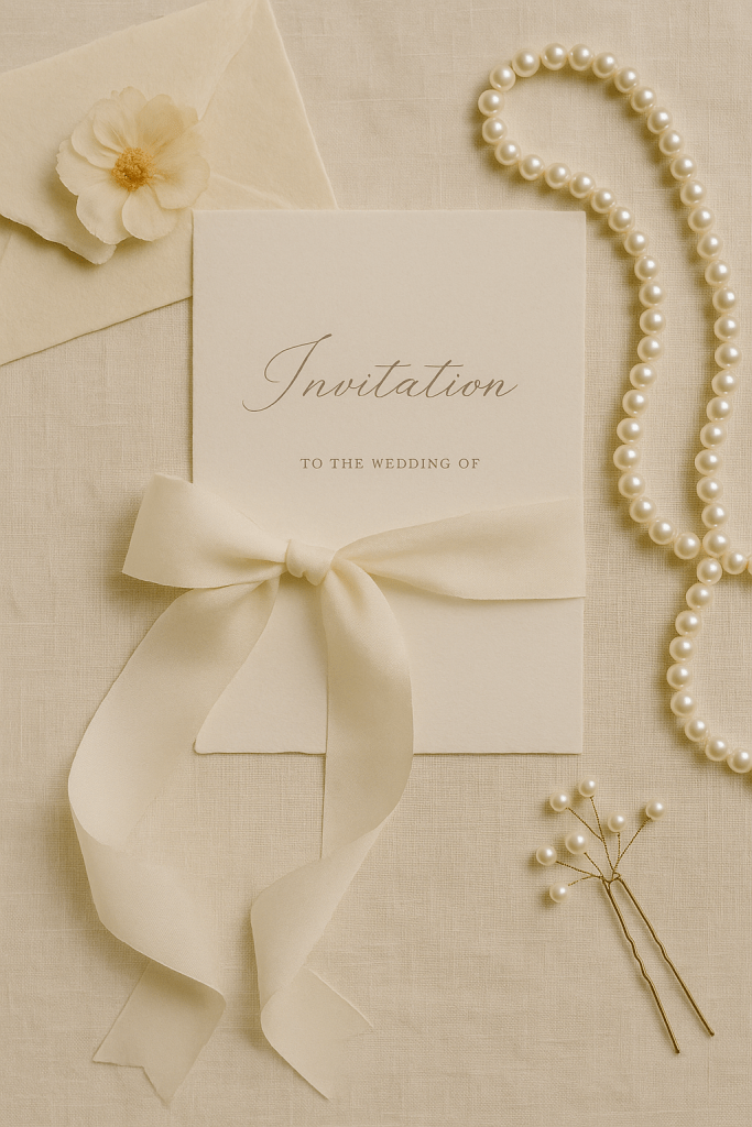 Flat lay of invitation suite with silk ribbon and pearls