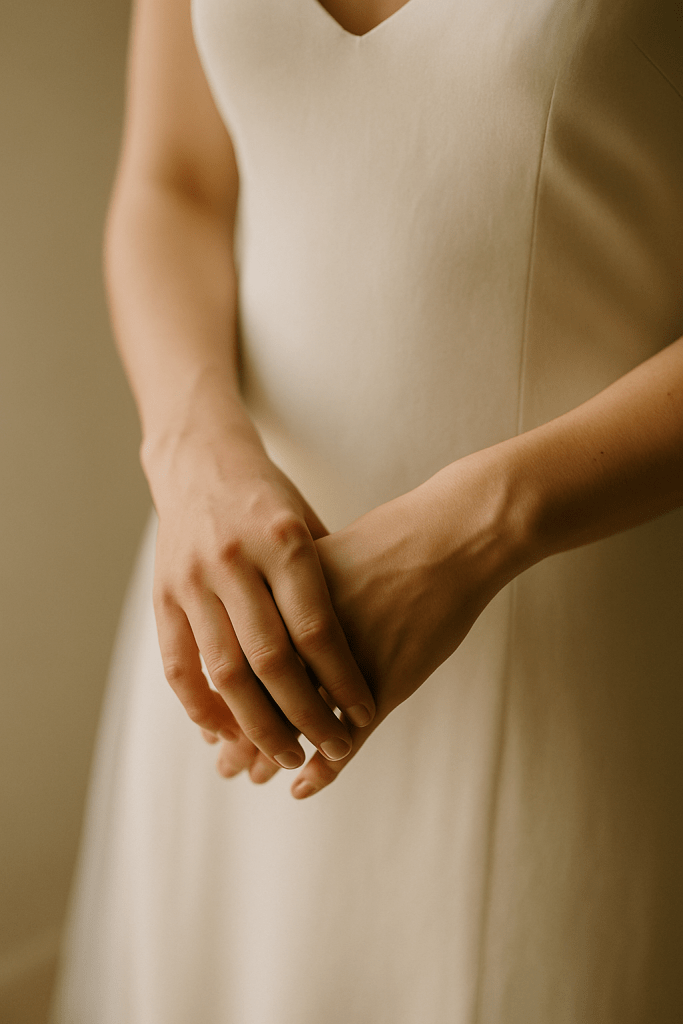 Close-up of bride’s hands and heirloom ring in gentle light