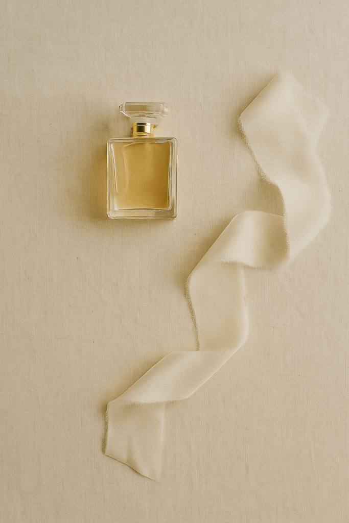 Perfume bottle and silk ribbon flat lay for bridal details