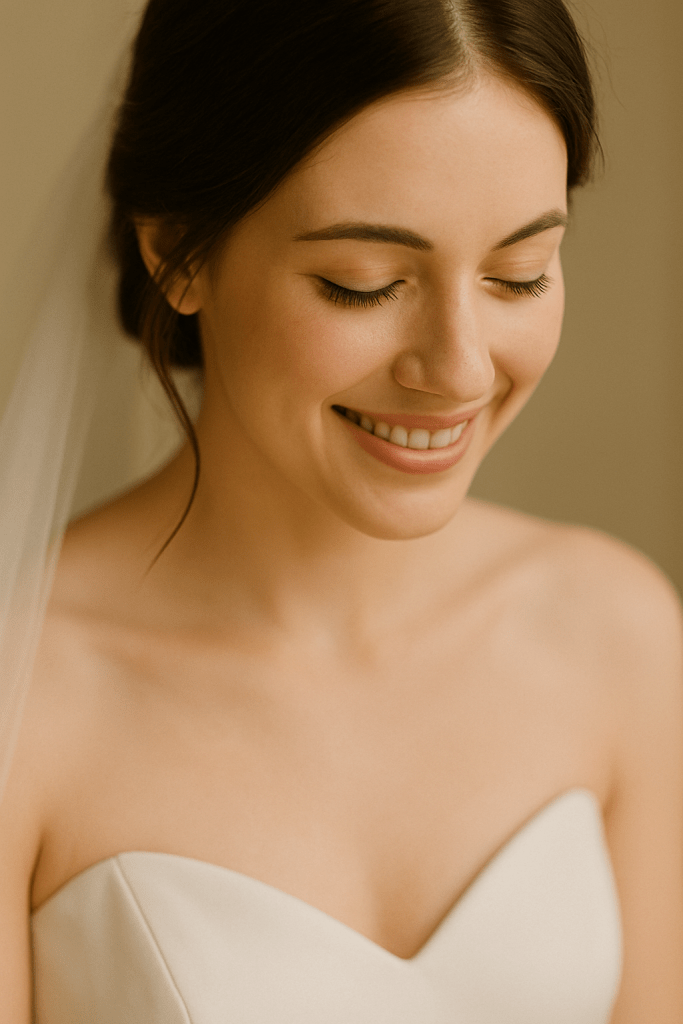 Bridal portrait with soft smile and lowered lashes