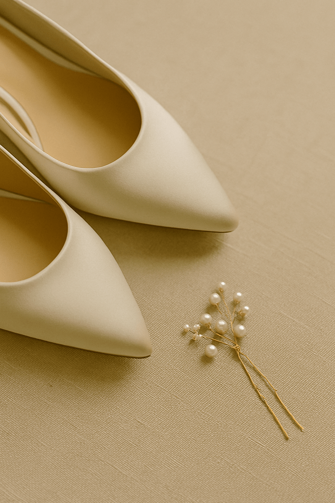Satin bridal shoes with pearl hairpin still life