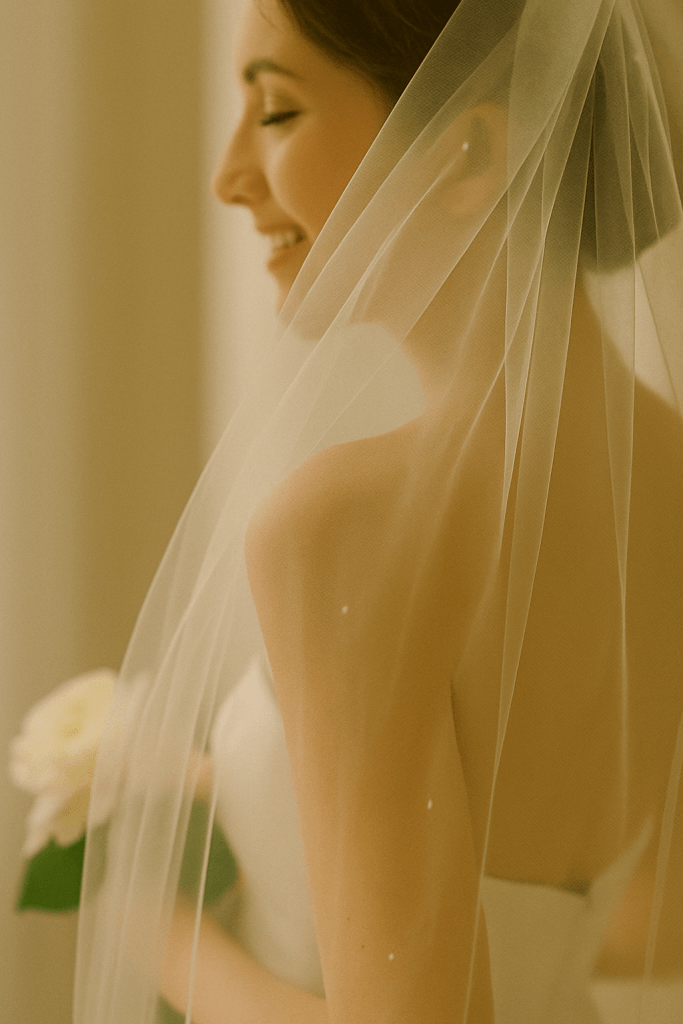 Veil drifting over the shoulder in backlight