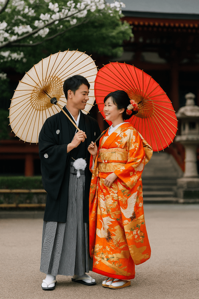 Japanese bride and groom in traditional wedding attire, holding wagasa umbrellas beneath cherry blossoms at a Kyoto temple