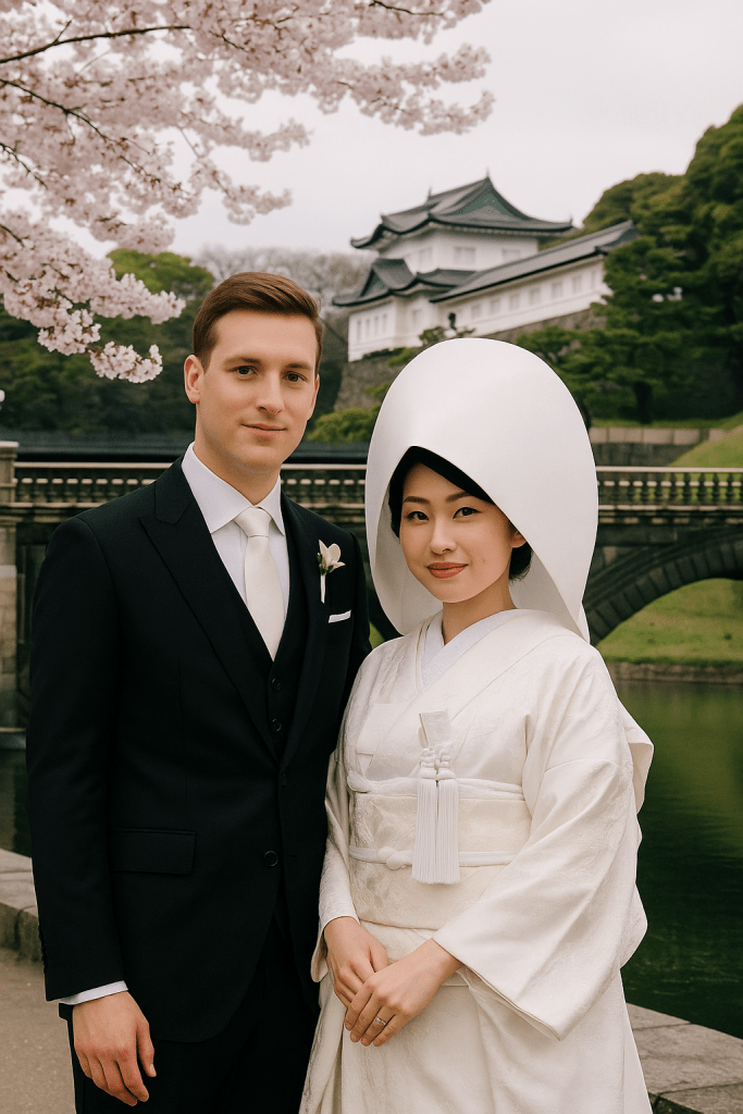 Japanese bride in shiromuku kimono with European groom in formal suit, posing at Tokyo Imperial Palace with cherry blossoms