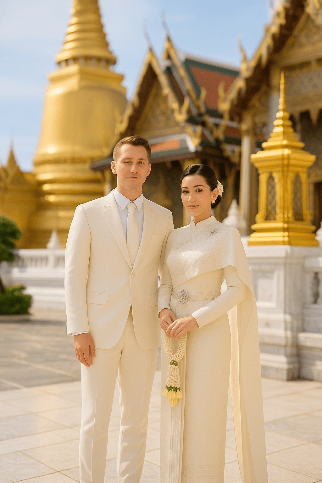 Thai bride and groom in Boromphiman wedding attire, ivory and soft gold, posing with jasmine garland at Wat Phra Kaew temple