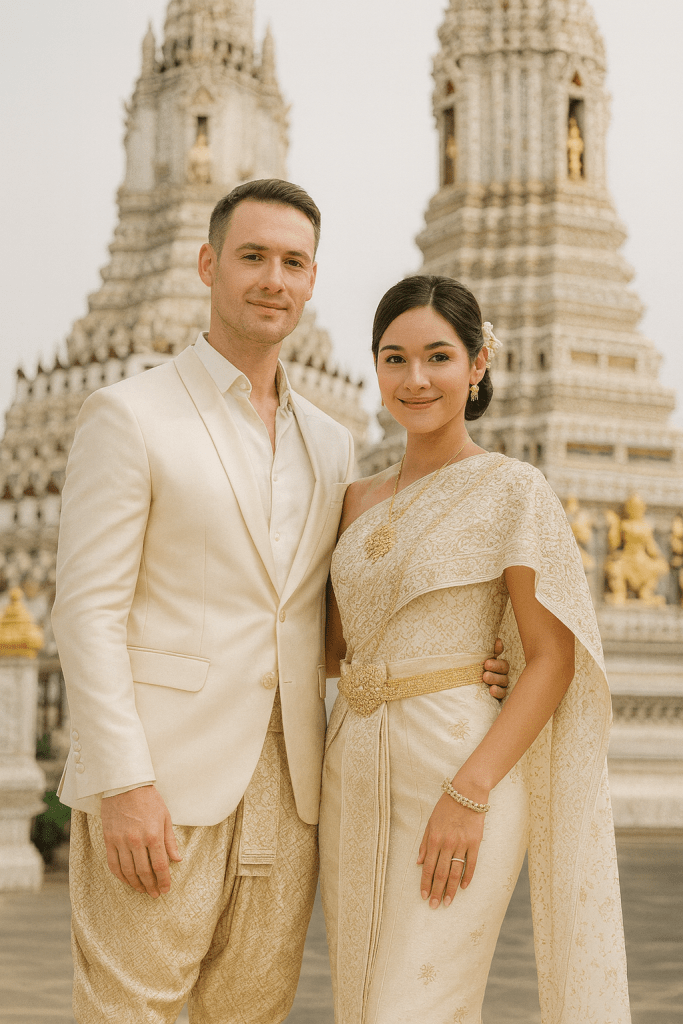 European bride and groom in traditional ivory Thai wedding attire standing in front of Wat Arun temple, Bangkok
