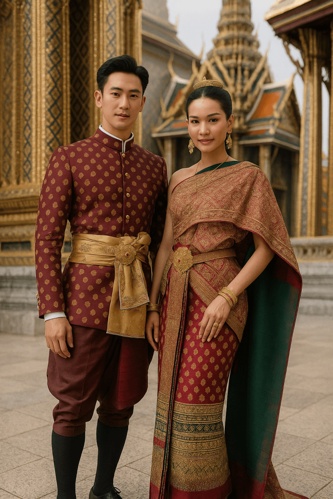 Thai bride and groom in traditional Chut Thai Chakkri attire, standing gracefully in front of Wat Phra Kaew, Bangkok