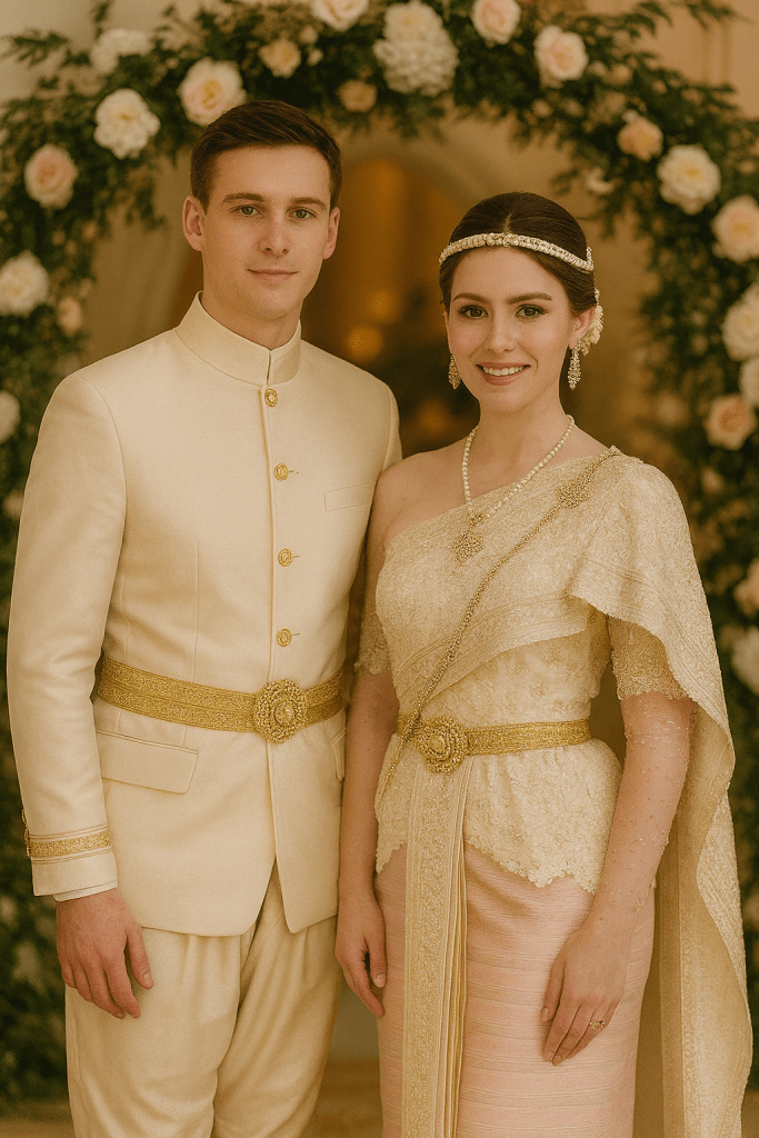 Thai bride and groom in Rama VII era wedding attire, white and gold with pink accents, posing in front of a floral arch