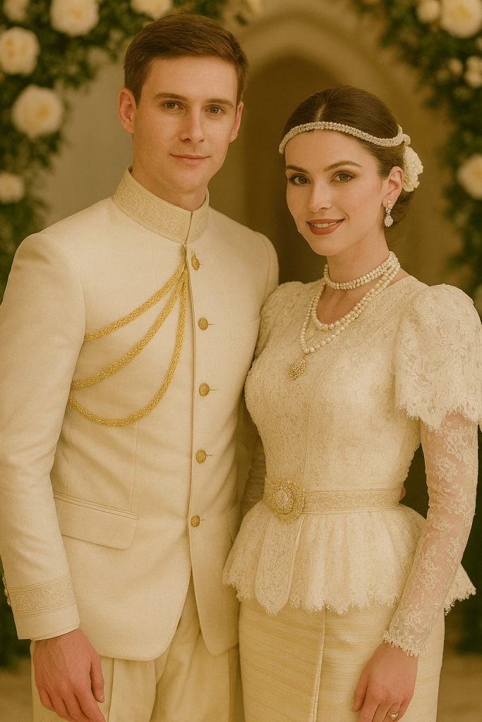 Bride and groom in Rama VII era Thai wedding attire, the bride wearing a white and cream lace gown with pearls, standing in a ceremonial floral setting