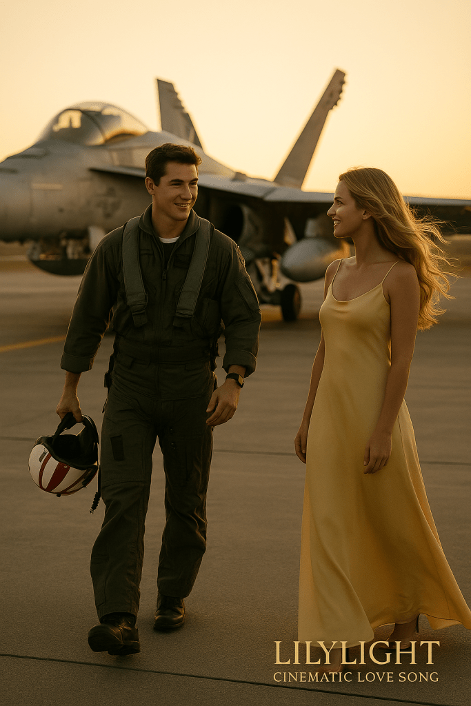 A photoreal cinematic scene of a Top Gun pilot walking down from a jet at sunset, holding his helmet and smiling toward a woman in a flowing beige dress waiting on the runway. The golden light reflects on the aircraft and their faces, capturing a heartfelt reunion filled with warmth and love.