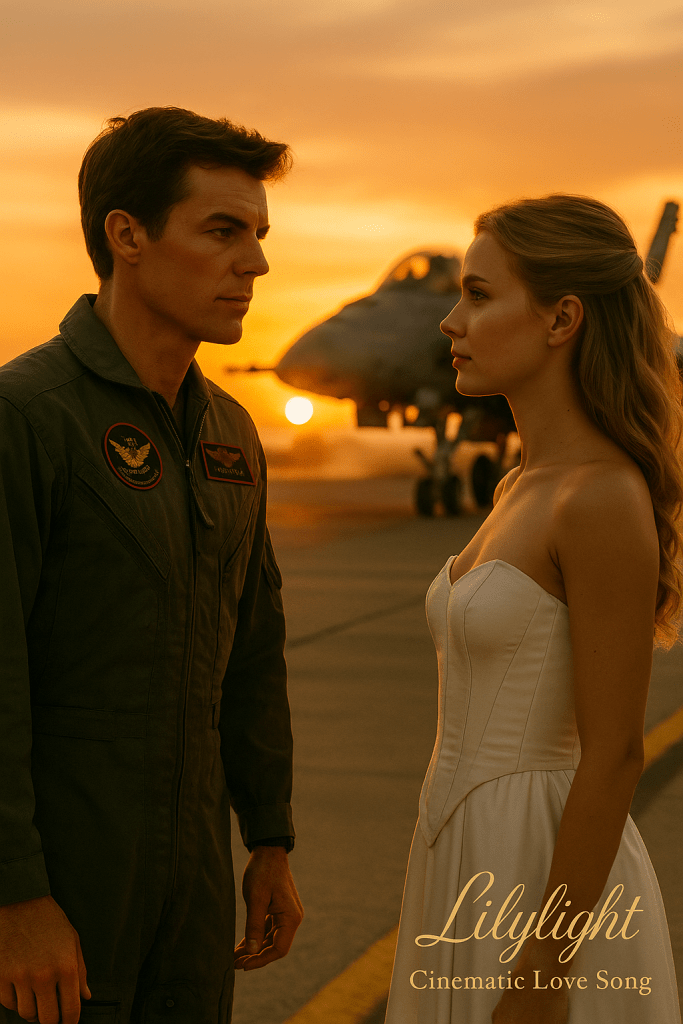 A photoreal cinematic scene of a man in a green Top Gun flight suit standing on the runway at sunset, facing a woman in a white modern bridal corset dress. A jet glows behind them in the golden light, as wind softly lifts her hair — their first meeting in Lilylight Cinematic Love Song.