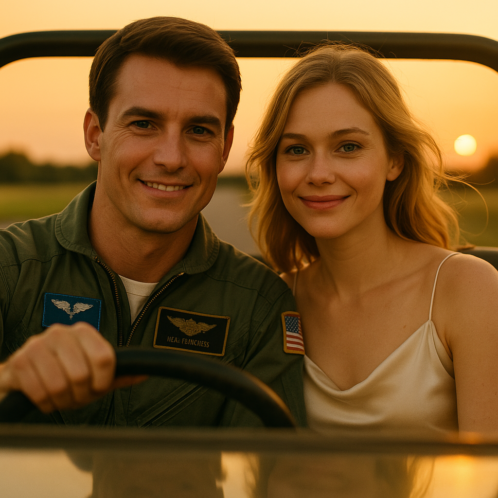 A photoreal cinematic Top Gun-inspired scene of a pilot driving an open-top jeep with his bride beside him at golden hour. Both smile gently toward the camera as warm sunlight reflects on the windshield, capturing the tenderness of love and freedom in motion.