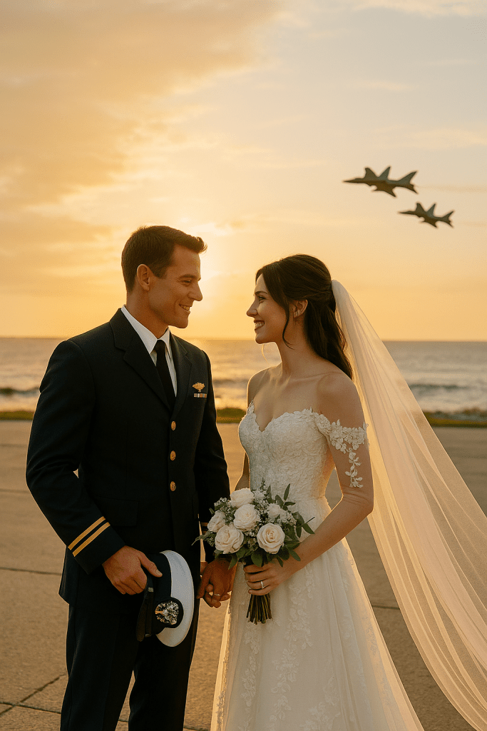 A photoreal cinematic wedding scene of a pilot in a formal air force dress uniform holding hands with his bride in a white lace gown by the sea at sunrise. Golden sunlight illuminates the couple as aircraft perform a distant celebratory flyover above the ocean, creating a peaceful and romantic movie-like moment.