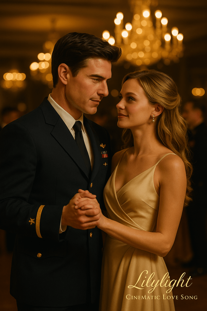 A photoreal cinematic ballroom scene of a pilot in a black dress uniform dancing with a woman in a champagne-gold satin gown under warm chandelier lights. The soft golden tones and blurred guests in the background create a romantic and elegant atmosphere filled with love and calmness.