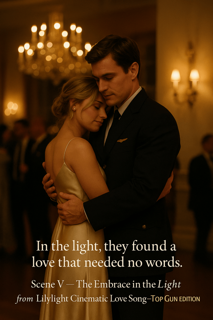 A photoreal cinematic wide-angle scene of a pilot in a black dress uniform embracing a woman in a champagne-gold satin gown at the center of a ballroom. Warm chandelier lights glow above as a few guests linger in the background, capturing a calm, romantic, and movie-like moment of love.