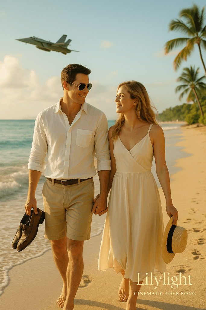 A photoreal cinematic scene of a couple walking hand in hand along a Hawaiian beach near an airbase. The man wears a white linen shirt and khaki pants, and the woman wears a flowing cream-beige dress. They smile at each other as the ocean waves touch their feet beneath golden sunlight, capturing freedom, peace, and love.