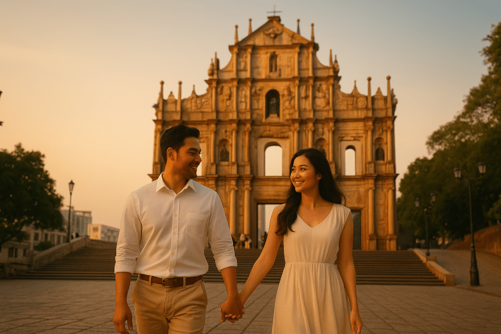 A young East Asian couple walks hand in hand at the Ruins of St. Paul’s in Macau under golden sunset light.