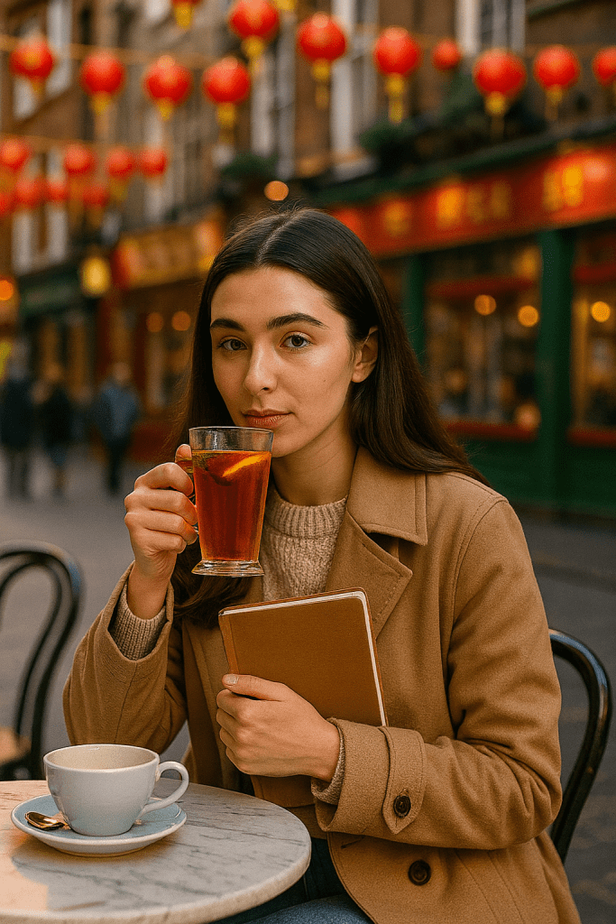 Natacha sitting at a Chinatown café in London, sipping fruit tea on a warm afternoon, wearing a beige trench coat and holding a notebook.
