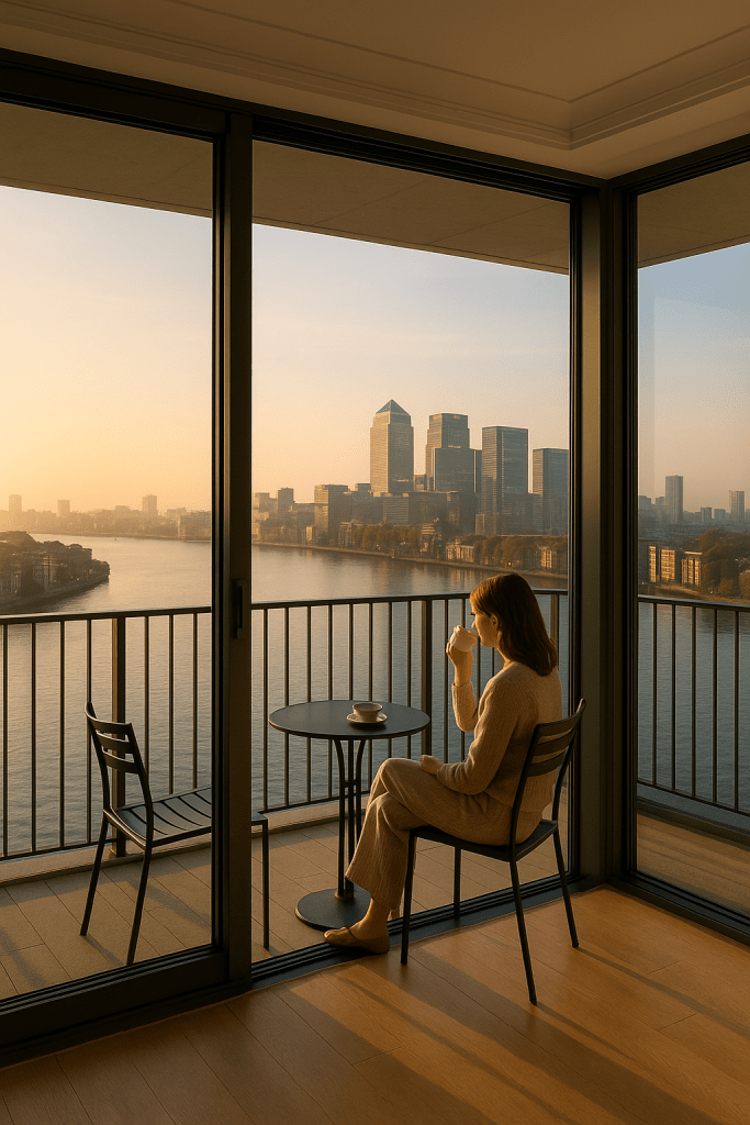 Morning sunlight fills Natacha’s glass-walled apartment overlooking the River Thames as she enjoys a quiet cup of tea on the balcony.