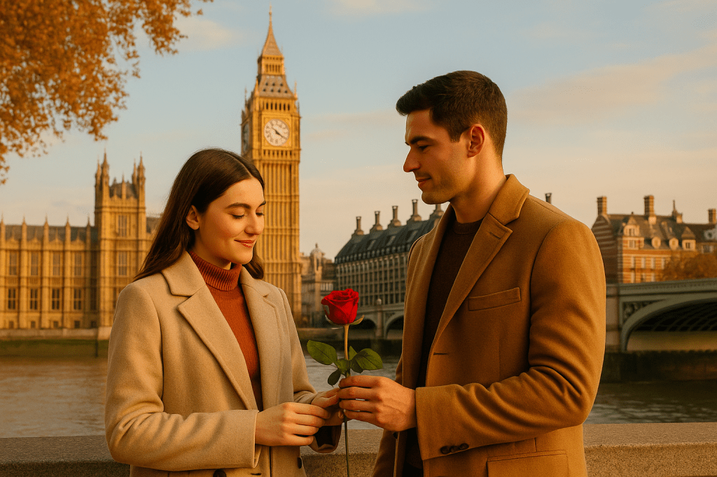 “Natacha and Patrick standing by the River Thames in front of Big Ben during October, exchanging a red rose in warm golden autumn light.”