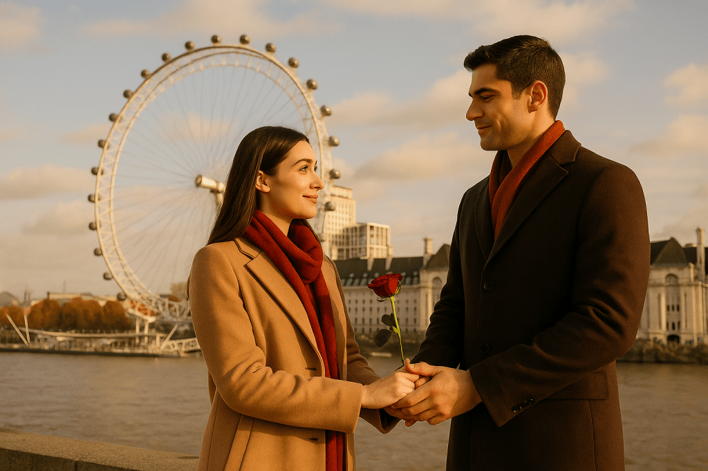 “Natacha and Patrick holding hands in front of the London Eye during October, standing by the River Thames under warm autumn sunlight.”