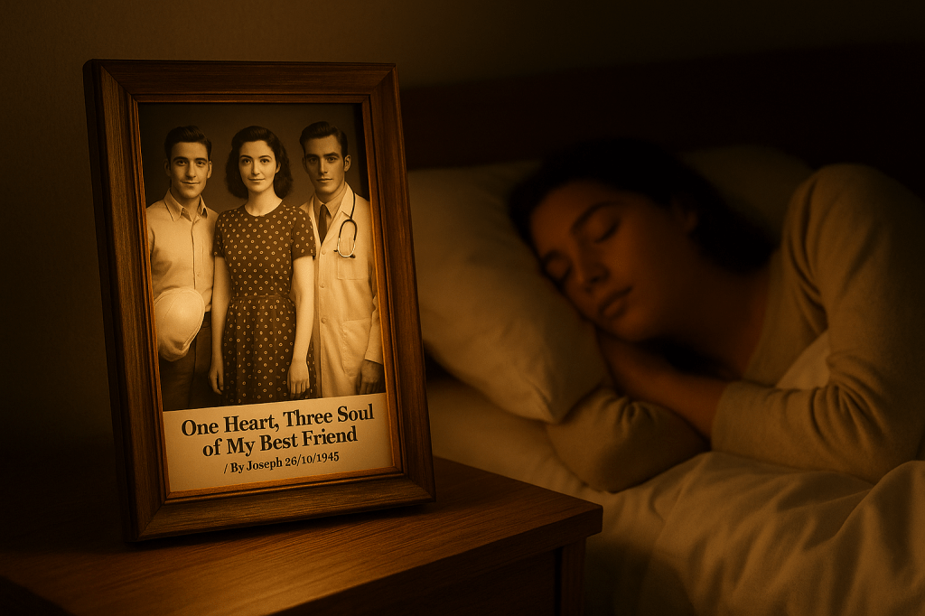 Natacha sleeps peacefully beside a glowing framed 1945 photograph on her bedside table, the vintage portrait radiating a soft golden light in the quiet night.
