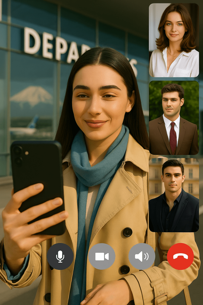 Natacha video calls her friends Daisy, Venice, and Patrick at Narita Airport before boarding her flight to London, smiling warmly under the morning light.