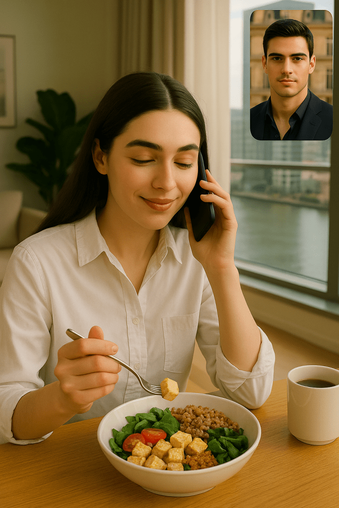Natacha enjoys her plant-based lunch in her Canary Wharf penthouse, smiling warmly as she video calls Patrick. The sunlight glows through the tall windows overlooking the River Thames.
