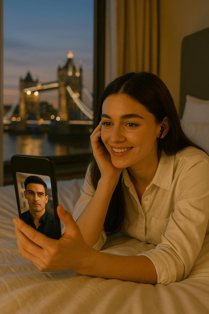 Natacha lies on her bed in her London penthouse near the River Thames, smiling during a nighttime video call with Patrick, whose image appears on her phone screen.
