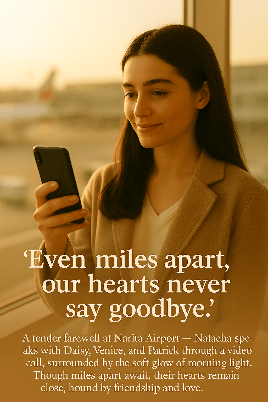 Natacha stands by the window at Narita Airport, holding her phone as she video calls her close friends Daisy, Venice, and Patrick before boarding her flight to London. The morning light filters softly through the glass, wrapping the scene in a sense of warmth and farewell.
