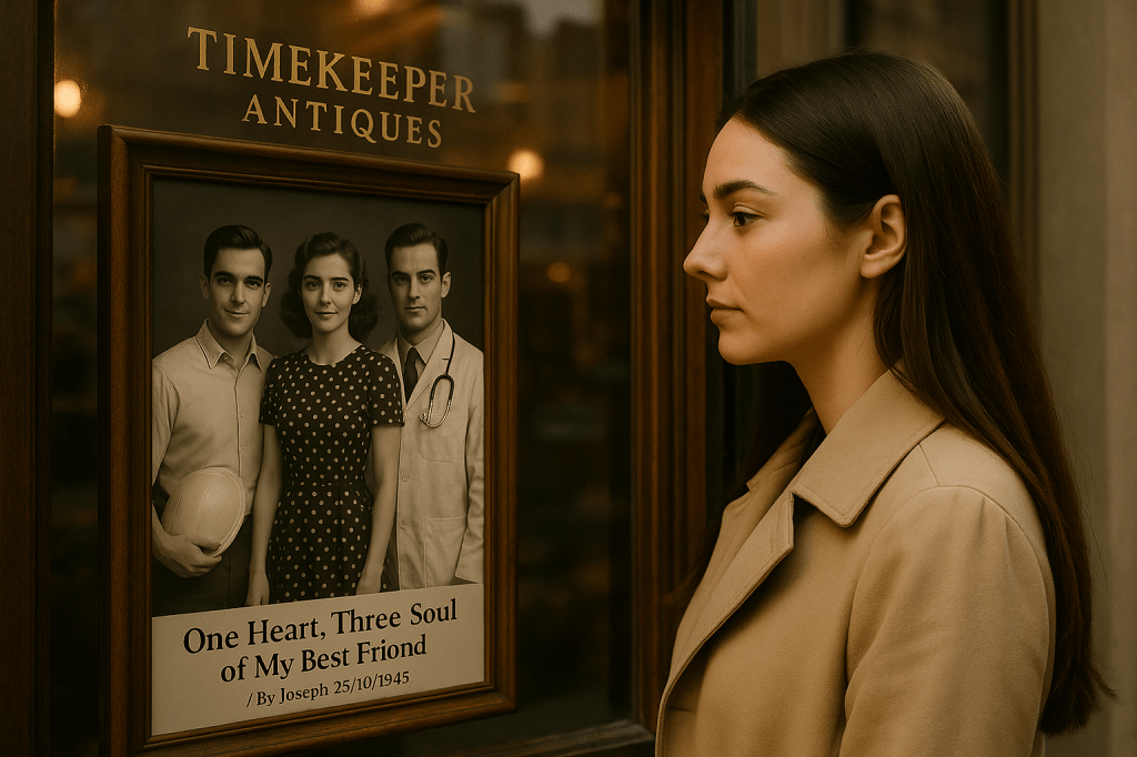 Natascha stands outside a vintage shop named Timeless Antique, wearing a beige coat and looking through the window at an old black-and-white photograph framed in wood, captured naturally in soft London daylight.
