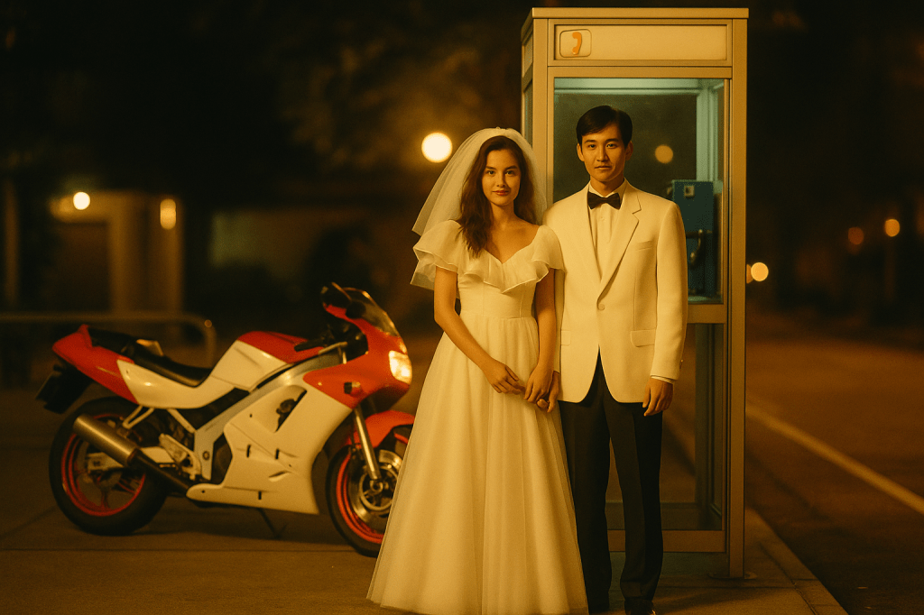 A newlywed couple stands together beside a red and white motorcycle near a glass phone booth under warm golden streetlights at night.