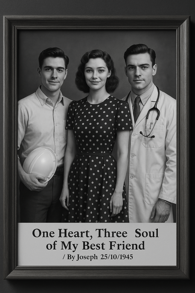 Black-and-white framed portrait of three university friends — a doctor, an engineer, and a designer — captured in 1945 within a classic studio setting, representing timeless friendship and shared dreams.
