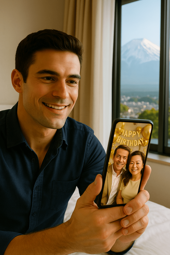 Patrick makes a morning video call from his hotel room in Fujiyoshida, with Mount Fuji visible outside the window, talking to his smiling parents celebrating a birthday at home.

