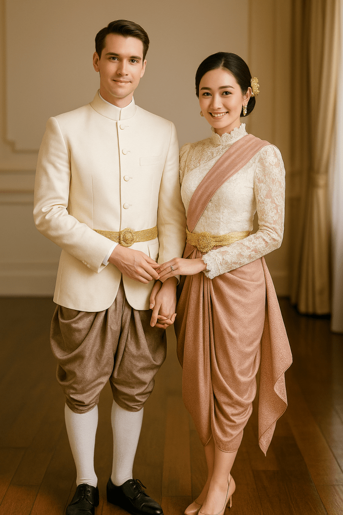 "Thai bride in traditional Rama V lace blouse and silk jongkraben with sash, holding hands with European groom in classic suit, standing together in a wedding ceremony."