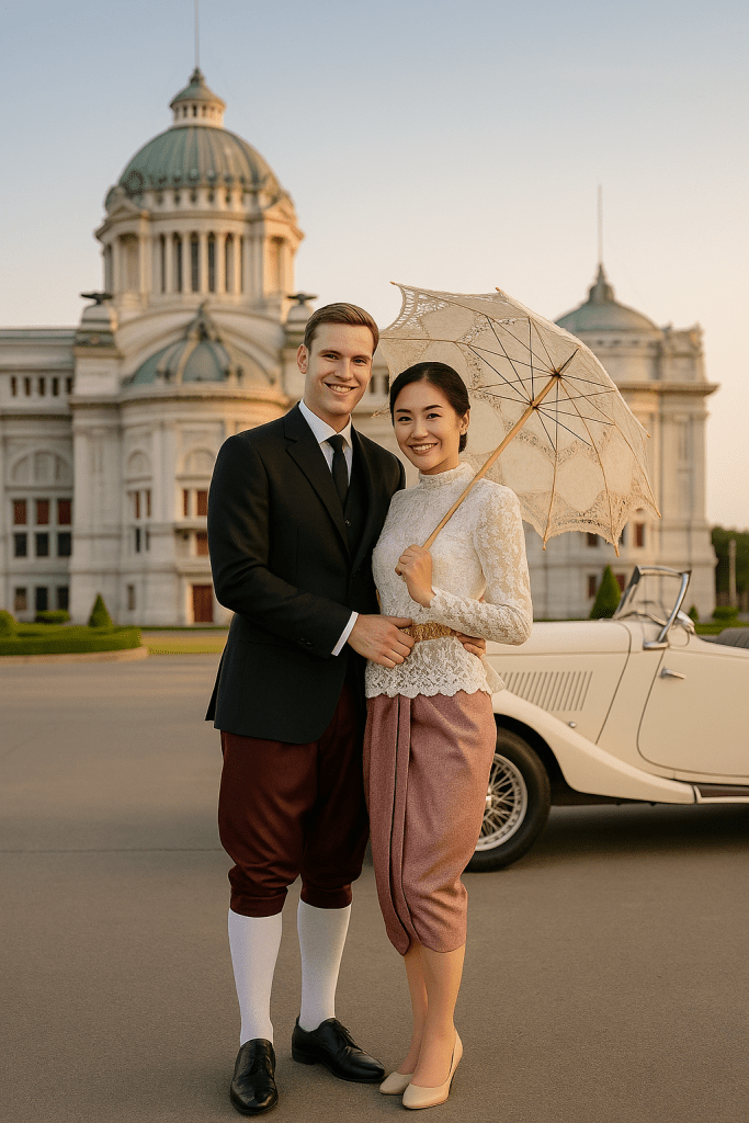 Traditional Thai-European couple in Rama V era wedding attire, posing in front of Ananta Samakhom Throne Hall, with the bride holding a lace parasol and a vintage convertible car behind them.